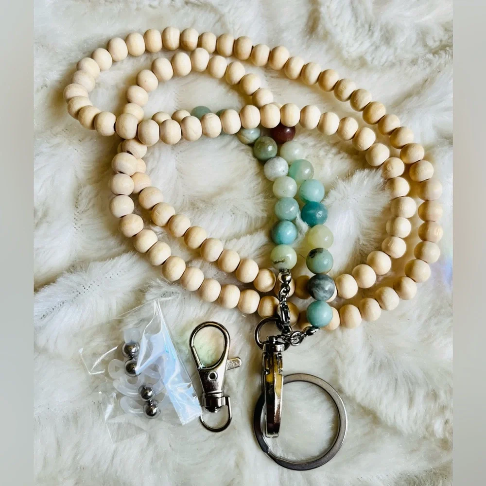 C&L Accessories Lanyards for ID Badges, Beaded Wooden & Natural Stone